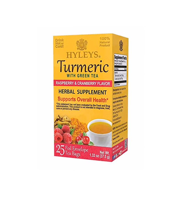 Hyleys Turmeric with Green Tea Raspberry & Cranberry - 25 Tea Bags (Gmo Free, Gluten Free, Dairy Free, Sugar Free & 100% Natural)