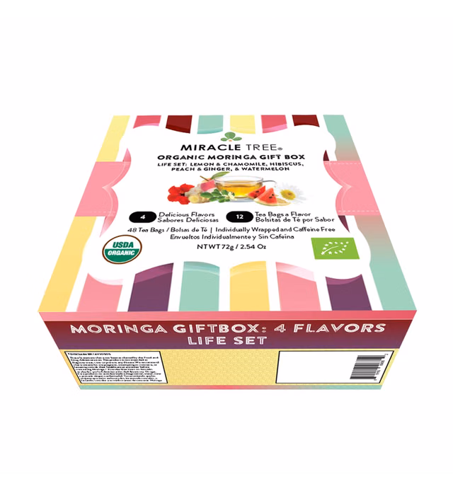 Miracle Tree - Gift Box with Organic Moringa Superfood Tea, 48 Individually Sealed Tea Bags (4 Flavors: Lemon Chamomile, Ginger Peach, Watermelon, Hibiscus) - Life Combo