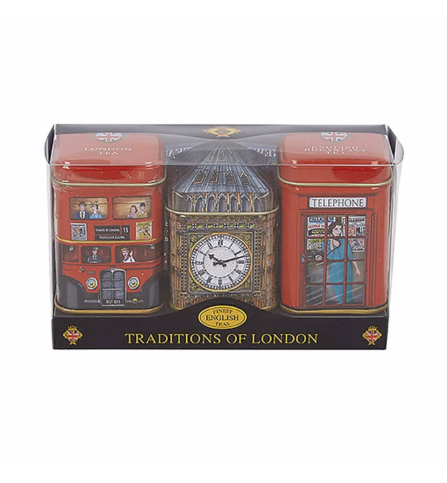 London Icons 3x Mini Tea Tins with Fine English Loose Tea (Big Ben, Red London Bus, Telephone Box)