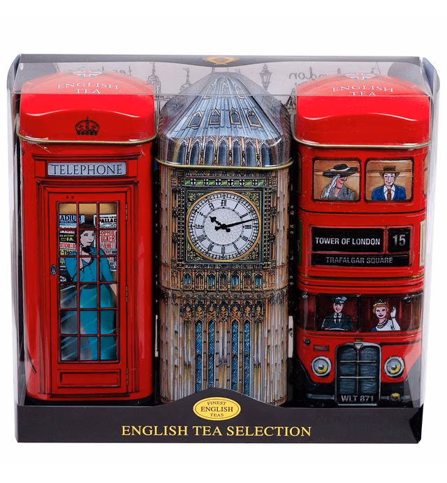 New English Teas British Souvenir 3x Tea Tins with 42 English Breakfast Teabags - Big Ben, London Bus, Telephone Box, UK Foods