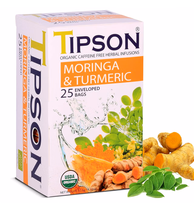 Tipson Organic Moringa Caffeine Free Herbal Tea - Organic Turmeric - 25 Premium Double Chambered Bags - Superfood Tea - Keto/Paleo Diet Compatible