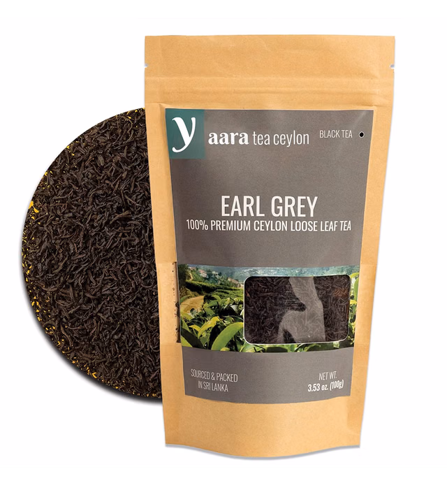 Yaara Tea Ceylon, Black Tea Loose Leaf Earl Grey, 100g 3.5oz Ceylon Tea Leaves Infused in Bergamot Oil, Enjoyed as Hot and Iced Tea. Single Estate Black Loose Tea Leaves in Resealable Pack