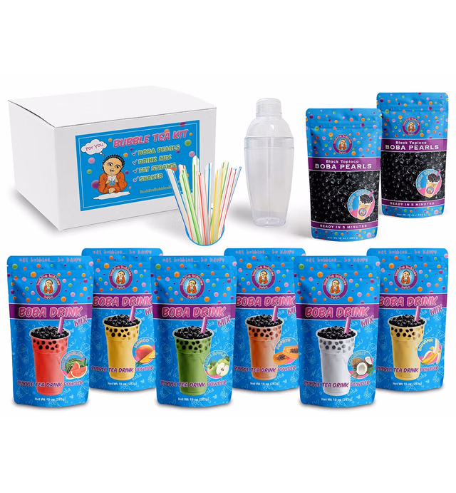 The Original Ultimate D.I.Y. Boba / Bubble Tea Kit Gift Box 6 Flavors, Boba Pearls, Straws and Shaker (FRUITY)