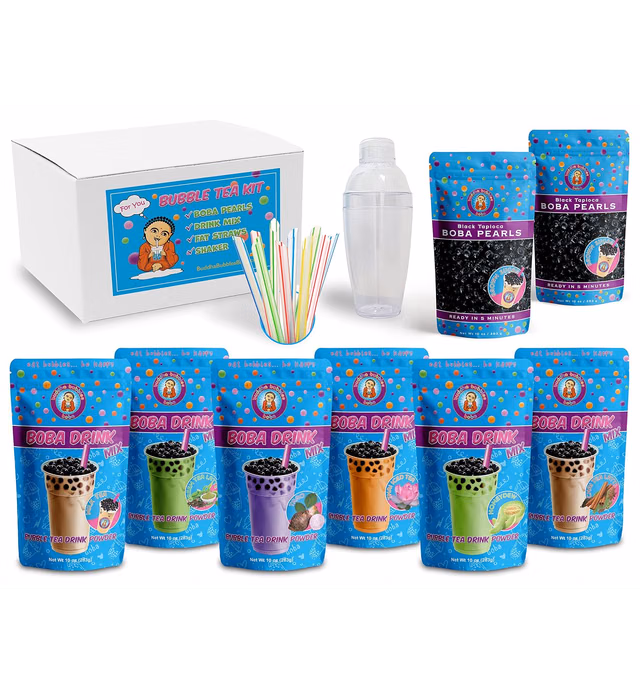 The Original ULTIMATE DIY Boba/Bubble Tea Kit, 60+ Drinks, 6 Flavors, Boba Pearls, Straws and Shaker (CLASSIC)
