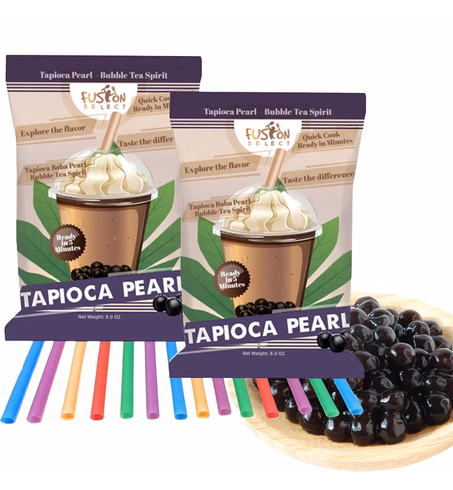 Fusion Select Tapioca Pearl - Brown Sugar Flavor Quick Cook Tapioca, DIY Boba for Boba Tea Ready in 5 Minutes, Boba pearls, Bubble Tea Pearl s, Milk Tea Toppings (2 Packs With Straws)
