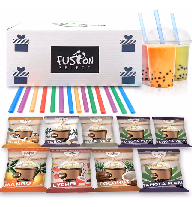 The Ultimate DIY Bubble Tea Kit 6 Flavors of Boba Bubble Tea Drink, 36 Drinks, Taro, Lychee, Coconut, Mango, Milk Tea, Thai Tea Bubble Tea Straws Authentic Bubble Tea Boba Tea Kit Asmr Food