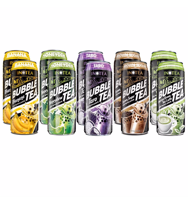 (Pack of 10) INOTEA Bubble Tea Variety Pack with ATIUS Thank You Card. Milk Tea with Boba Pearls in a Can (16.6oz/can). Assorted Flavors - 2 Cans of Each 5 Flavors (Brown Sugar, Taro, Matcha, Banana, Honeydew). Straws Included.