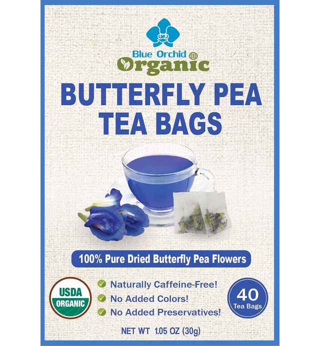 Organic Butterfly Pea Flower Tea Bags - 40 Organic Corn Fiber Sachets - Premium Dried Blossoms - Natural Food Coloring - Caffeine Free