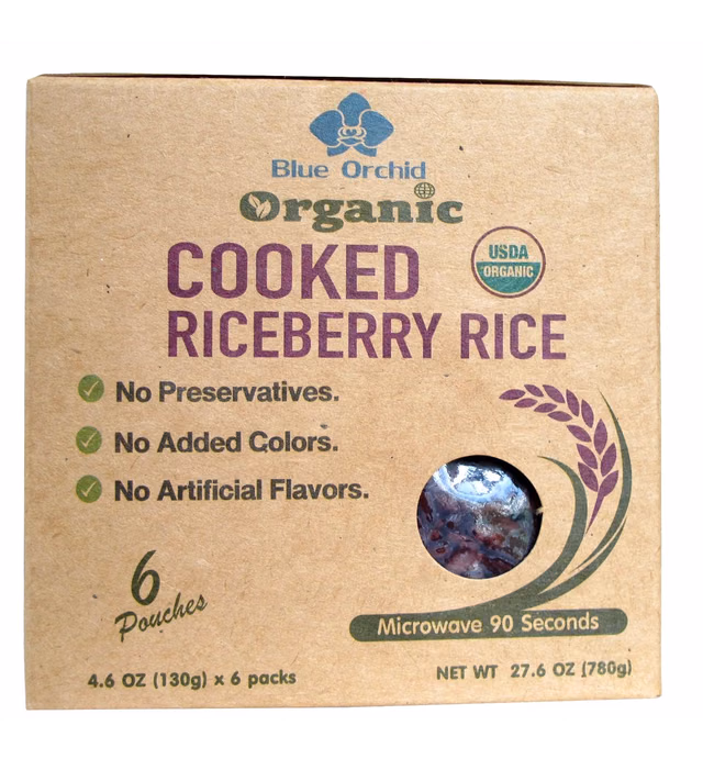 Organic Cooked Thai Riceberry Rice - Steamed Rice Microwaveable Pouch from Thailand - Superfood Healthy Ready to Eat 6 x 4.6 oz (Riceberry 6 Pouch)