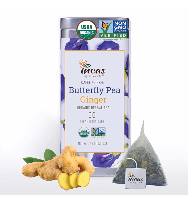 Incas 100% USDA Organic Butterfly Pea Flower 30 Tea Bags Non GMO Verified Caffeine Free Fresh Harvest From Thailand Rich in Antioxidants (Ginger)