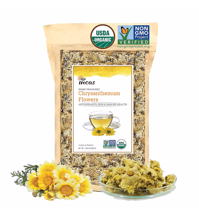 INCAS 100% USDA Organic Chrysanthemum Tea 3.53 oz (100 g) Non GMO Verified Dried Chrysantheum Flowers Caffeine Free Gluten Free Vegan Rich in Antioxidants Sourced from Thailand