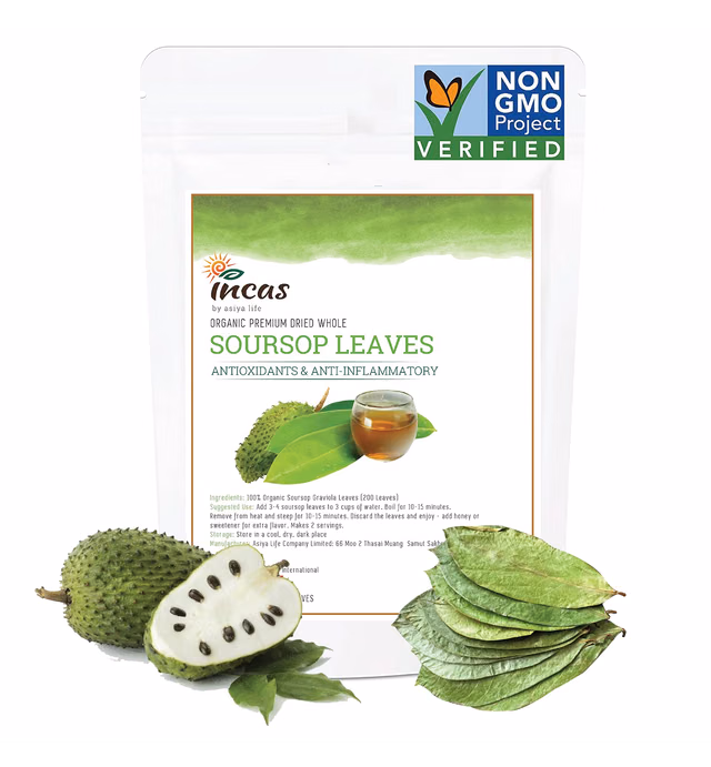 INCAS 200+ Premium Soursop Graviola Dried Leaves, 200-230 Pure Leaves, Organic, Non GMO Verified, 100% Natural, Whole Leaves, Wildcrafted, Graviola, Soursop, Hoja Guanabana, Soursop Loose Leaf Herbal Tea