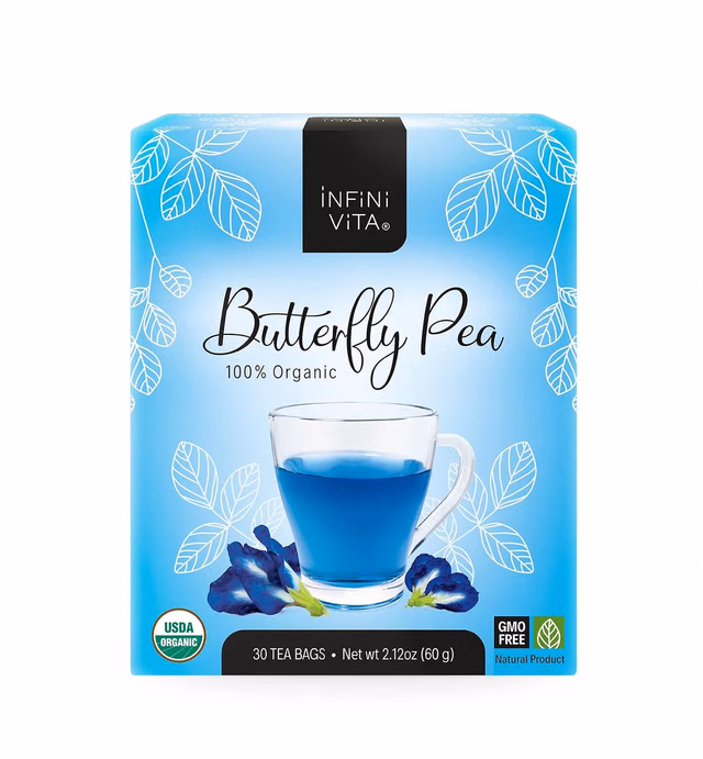 Infini Vita Butterfly Pea Flower Tea 30 Bags - USDA Organic, Pure Dried Blue Tea - Non-GMO, Gluten Free - Natural Focus, Energy, Stamina Booster