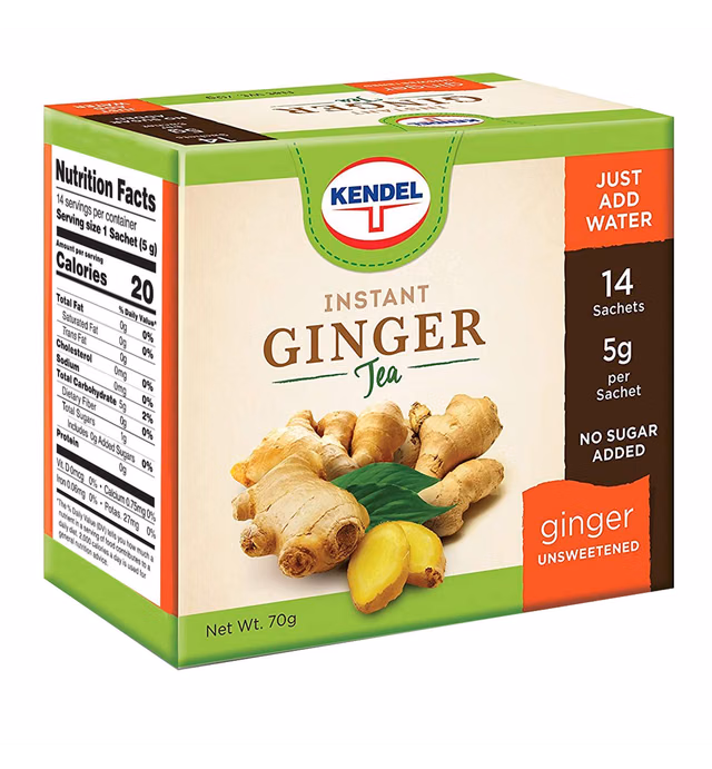 Kendel Instant Ginger Tea “Unsweetened”, Caffeine Free, Sugar Free (14 Sachets). Soothing flavor, Non-GMO