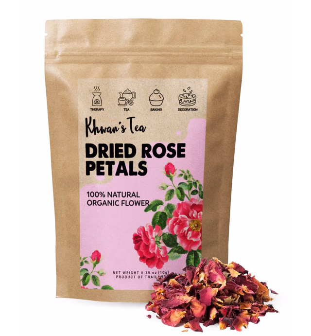 KHWAN'S TEA Premium Dried Rose Petals - Plant-based & Edible Flowers for Baking Decoration, Desserts, Syrup, DIY Crafts, Candle, Bath & Fragrant Soap - Herbal Tea, 0.35oz (10g)