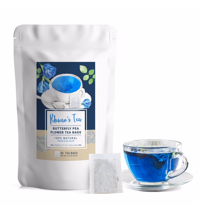 KHWAN'S TEA Pure Butterfly Pea Flower Tea 30 Bags, Blue Clitoria Ternate Flower Herbal Retreat Loose Leaf Tea, Origin in Thailand Organic Nontoxic