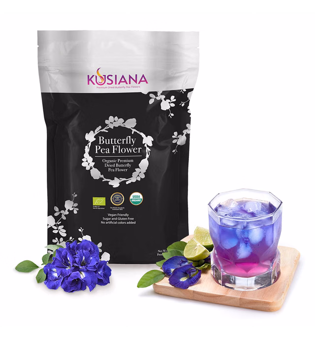 Kusiana Dried Blue Butterfly Pea Flower Certified USDA Organic - Turn It Into Powder, Purple Drinks and Healthy Herbal Beverages - Great as Edible Flowers and Food Coloring for Rice and Desserts