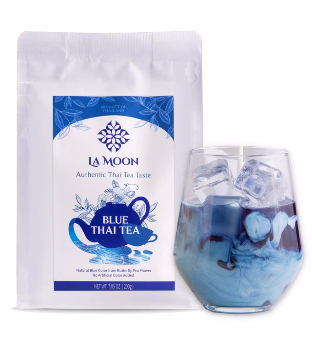 LA MOON TEA Blue Thai Tea Mix - Traditional Loose Leaf Thai Tea Mix from Butterfly Pea Flower and Assam Black Tea for Home-made Blue Thai Iced Tea, Boba Tea & Thai Tea Latte - No Food Dye, 7.05 Oz.