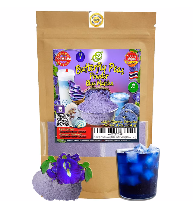 Blue Matcha Butterfly Pea Powder 4 Oz | OkO-OkO - Premium - 100% Natural from flowers of Ternatea Thailand No additives - infusion, Blue Herbal tea, Organic Vegan food coloring, cocktail, meal, baking