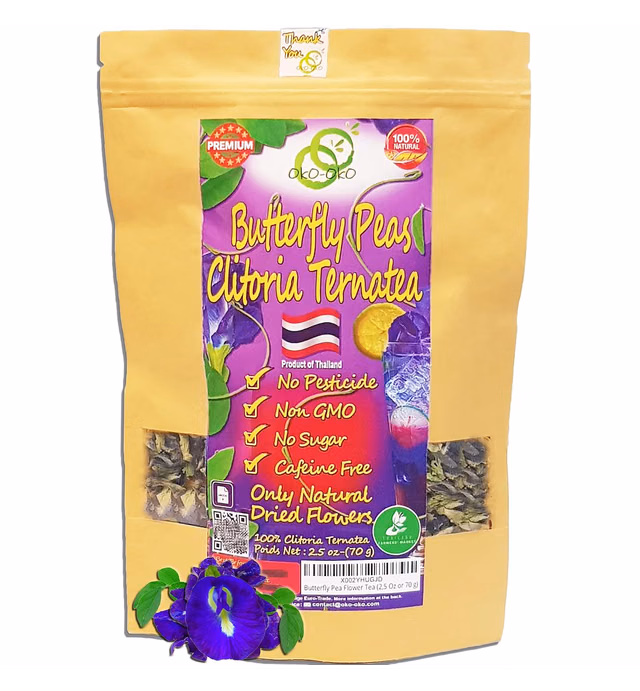 Butterfly Pea Tea 5 Oz | OkO-OkO - Premium - WHOLE DRIED FLOWER from Thailand - Blue natural infusion - Herbal tea - Blue tea - Organic Vegan food coloring - Natural color changing cocktail and meal