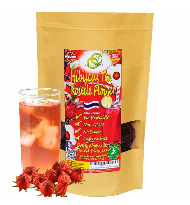 Hibiscus Tea 5 Oz | OkO-OkO Premium WHOLE FLOWERS UNCUT Thailand Natural Dried Roselle Sabdariffa Traditional Bissap Herbal Tea High for Blood Pressure Red Infusion Calming Relaxing Caffeine Free