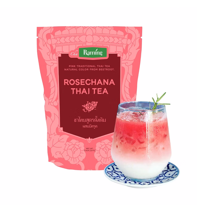 Raming Pink Thai tea mix, Rosechana - dye free, 100% Natural loose leaf Assam & Beetroot, Makes Thai iced tea, milk boba tea - Original Thailand, 227g (8 oz)