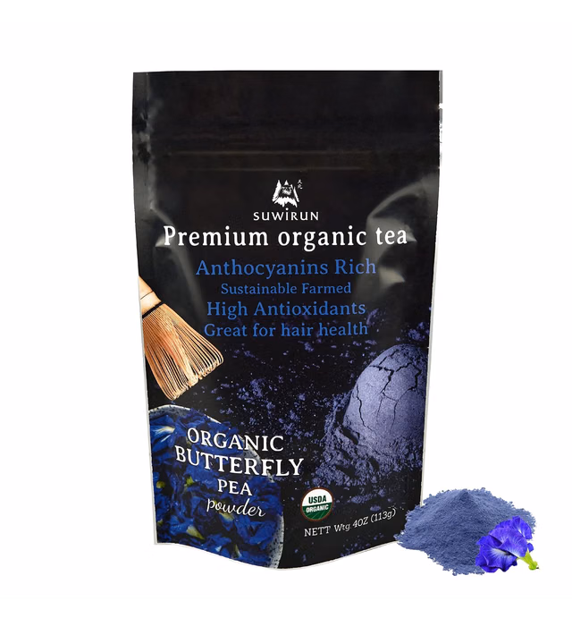Suwirun Organic Butterfly Pea Powder 4oz | Non GMO Vegan Natural Food Coloring Organic Butterfly Pea Flower Tea Powder Blue Powder - Herbal Blue Butterfly Pea Tea Blue Butterfly Pea Flower Tea Powder