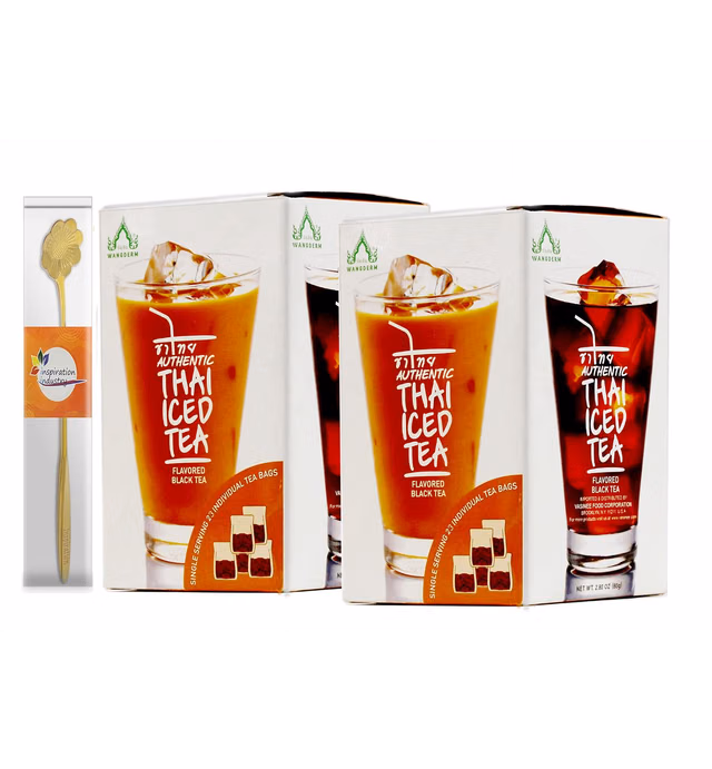 WANGDERM Authentic Instant Thai Iced Tea Black Tea Flavored 23 Individual Bags 2.8 OZ (80 g) W/ Free Tea Spoon (2 BOXES)