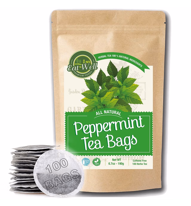 Eat Well Peppermint Tea Bags, 100 bags Bulk Size 6.7 oz, 100% Natural Peppermint Leaves Tea, Tea for Home or Office, Herbal Tea Bags, Herbal Tea Gift, 100 Herb Tea Bags in Re-Sealable Pack