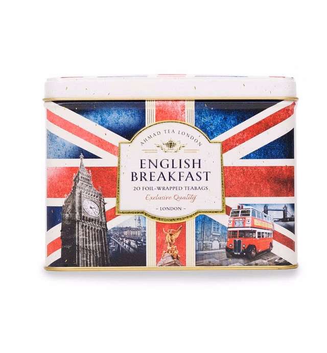 Ahmad Tea Black Tea, Nostalgic Britain Metal Caddy, English Breakfast Tea, 20 foil teabags - Caffeinated & Sugar-Free