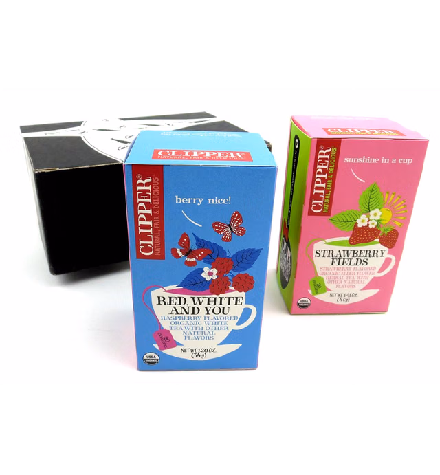 Clipper Organic Tea 2-Flavor Variety: One 20 Envelope Box Each of Strawberry Fields and Red, White, and You in a BlackTie Box (2 Items Total)