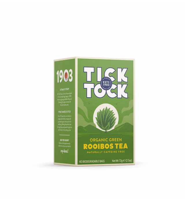 TICK TOCK TEAS Naturally Caffeine Free Red Bush Herbal Green Tea, 40 Count, Organic Rooibos Green Tea, 2.5 Oz