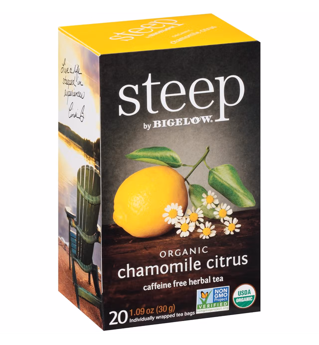 steep by Bigelow Organic Chamomile Citrus Herbal Tea, Caffeine Free, 20 Count (Pack of 6), 120 Total Tea Bags