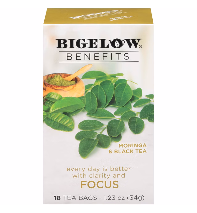 Bigelow Tea Benefits Focus Moringa & Black Tea, Caffeinated, 18 Count (Pack of 6), 108 Total Tea Bags