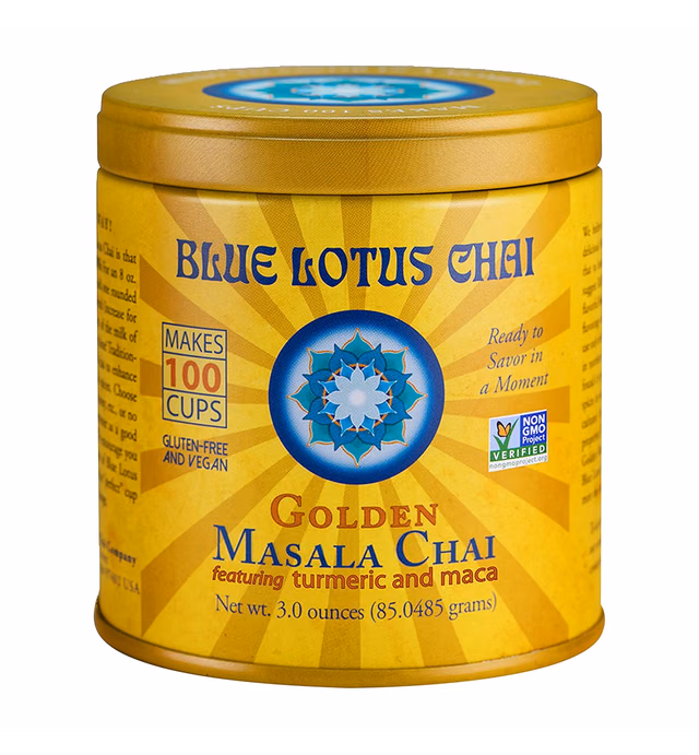 Blue Lotus Chai - Golden Masala Flavor Chai - Makes 100 Cups - 3 Ounce Masala Spiced Chai Powder with Organic Spices - Instant Indian Tea No Steeping - No Gluten