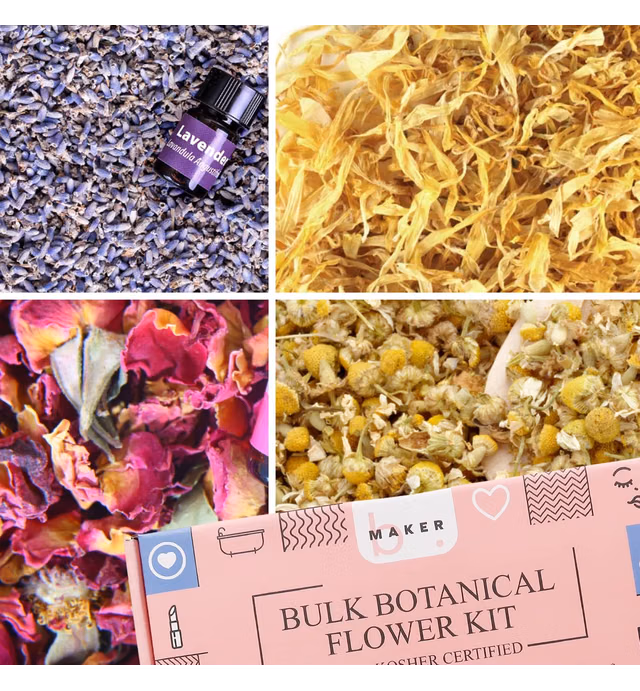 bMAKER Bulk Flower Kit Chamomile - Ultra Blue Lavender, Red Rose Buds & Petals, Marigold - 2 Cup Each Packet- Included Lavender Essential Oil