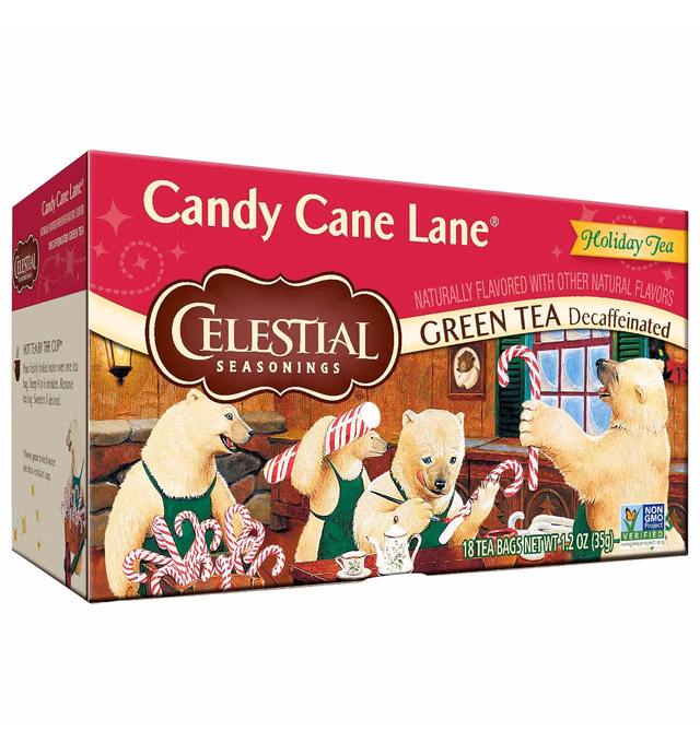 Celestial Seasonings Green Tea, Decaffeinated Candy Cane Lane, 18 Count (Pack of 6)