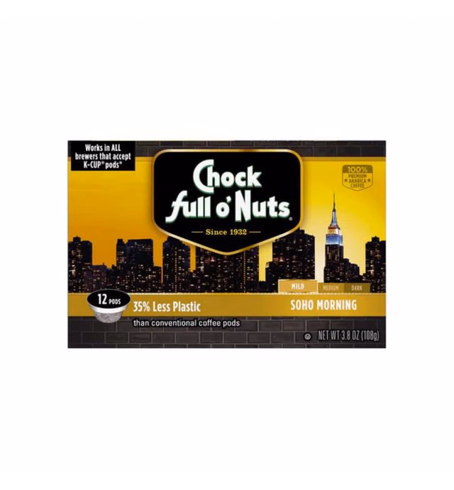 Chock Full o’Nuts Soho Morning Mild Roast, K-Cup Compatible Pods (12 Count) - Arabica Coffee in Eco-Friendly Keurig-Compatible Single Serve Cups