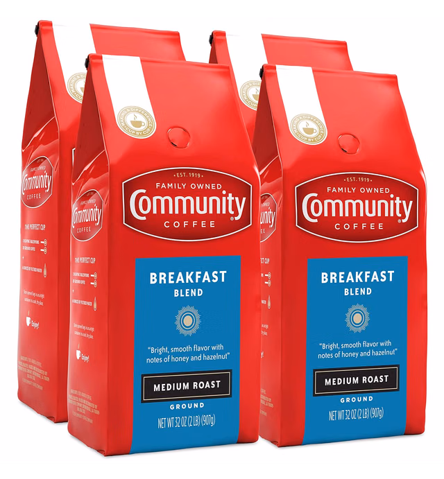 Community Coffee Breakfast Blend Ground Coffee, Medium Roast, 32 Ounce (Pack of 4)