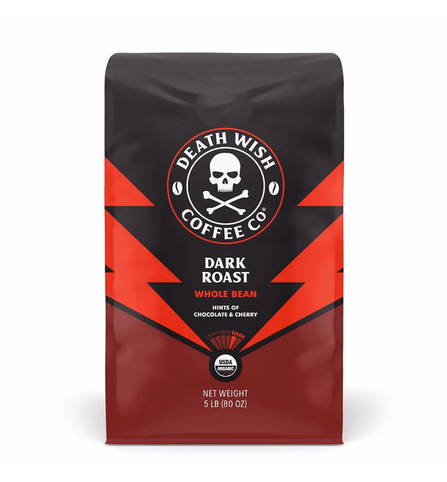 Death Wish Coffee Dark Roast Whole Bean- 5 Lbs. Bold Intense Blend of Arabica & Robusta Beans - USDA Organic Whole Bean Coffee