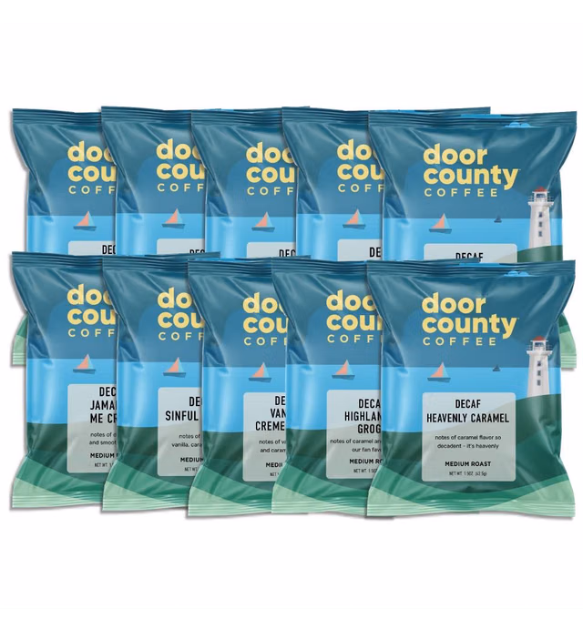 Gourmet Flavored Decaf Coffee Sampler Pack - 10 Unique Flavored Coffees - Roasted by Door County Coffee