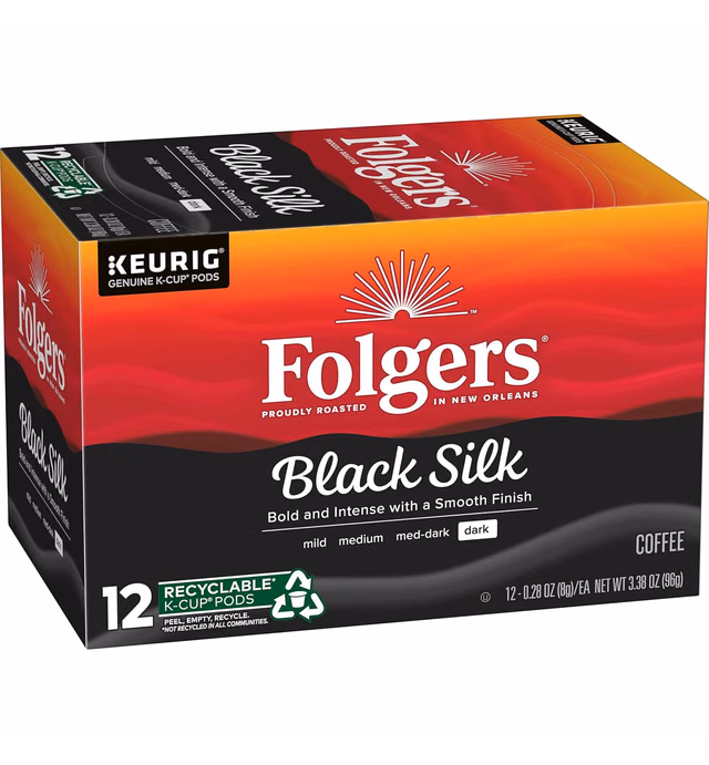 Folgers Black Silk Dark Roast Coffee, 12 Keurig K-Cup Pods