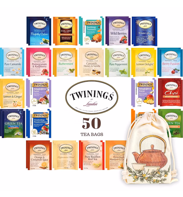 Twinings Tea Bags Variety Pack - Herbal and Decaf - Caffeine Free Sampler - 25 Flavors, 50 Count - Individually Wrapped Packets