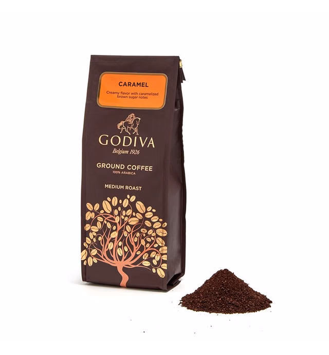 Godiva Chocolatier Medium Roast Ground Coffee, Made With100% Arabica Beans, Caramel Flavor, 10 Ounce Gift Bag