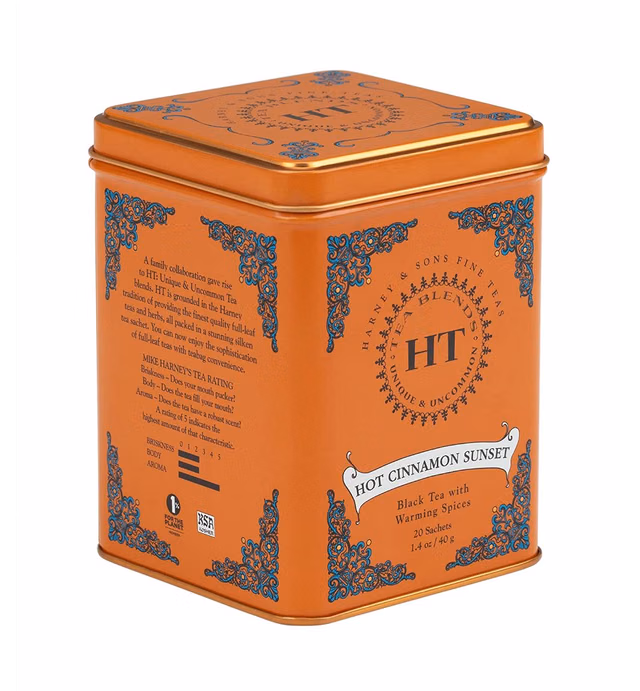 Harney & Sons Caffeinated Hot Cinnamon Sunset Black Tea with Orange and Cloves Tin 20 Sachets