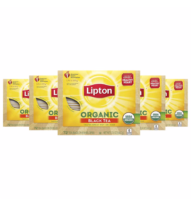 Lipton Organic Tea Bags Tastes Great Hot or Iced Organic Black Tea Can Help Support a Healthy Heart 5.74 oz 72 Count, Pack of 5
