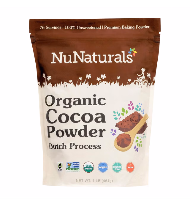 NuNaturals Organic Cocoa Powder, Premium Dutch-Process For Drinking and Baking, 1 lb