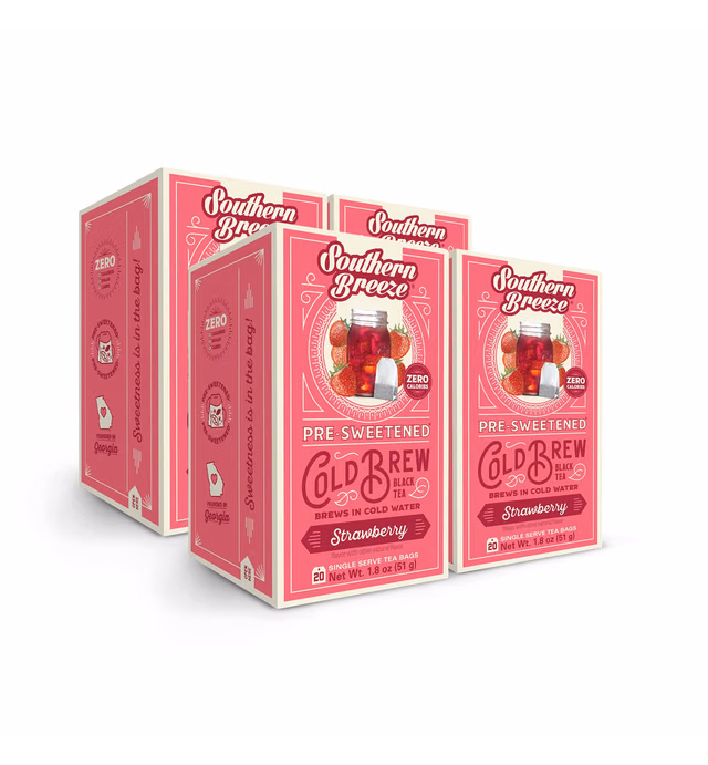 Southern Breeze Cold Brew Sweet Tea Strawberry Iced Tea with Black Tea and Zero Carbs Zero Sugar, 20 Individually Wrapped Tea Bags, Pack of 4