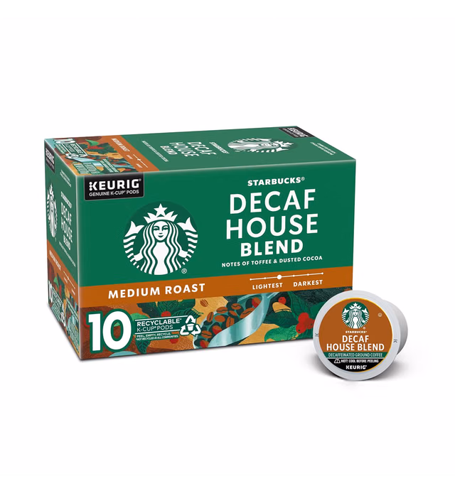 Starbucks K-Cup Coffee Pods—Medium Roast Coffee—Decaf House Blend—100% Arabica—1 box (10 pods)