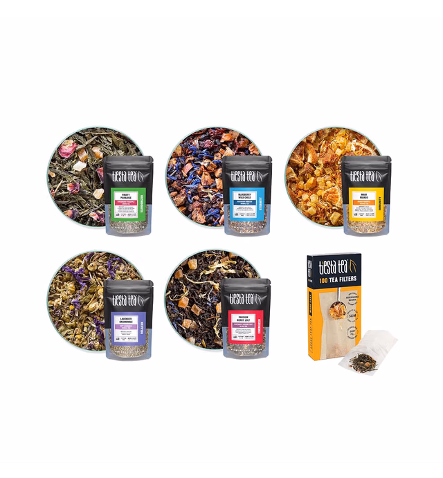 Tiesta Tea - Loose Leaf Starter Kit, Tea Set with Black, Green, Herbal Tea Sample Bags, Disposable & Eco-Friendly Tea Filters (100 Count), Brews Hot & Iced Tea